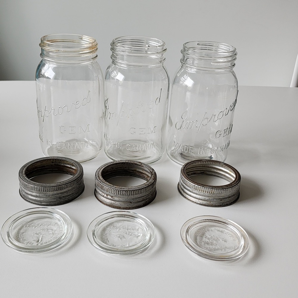 Improved Gem Canning Jars Set of‎ 3 Clear Glass Vintage Farmhouse Kitchen Decor